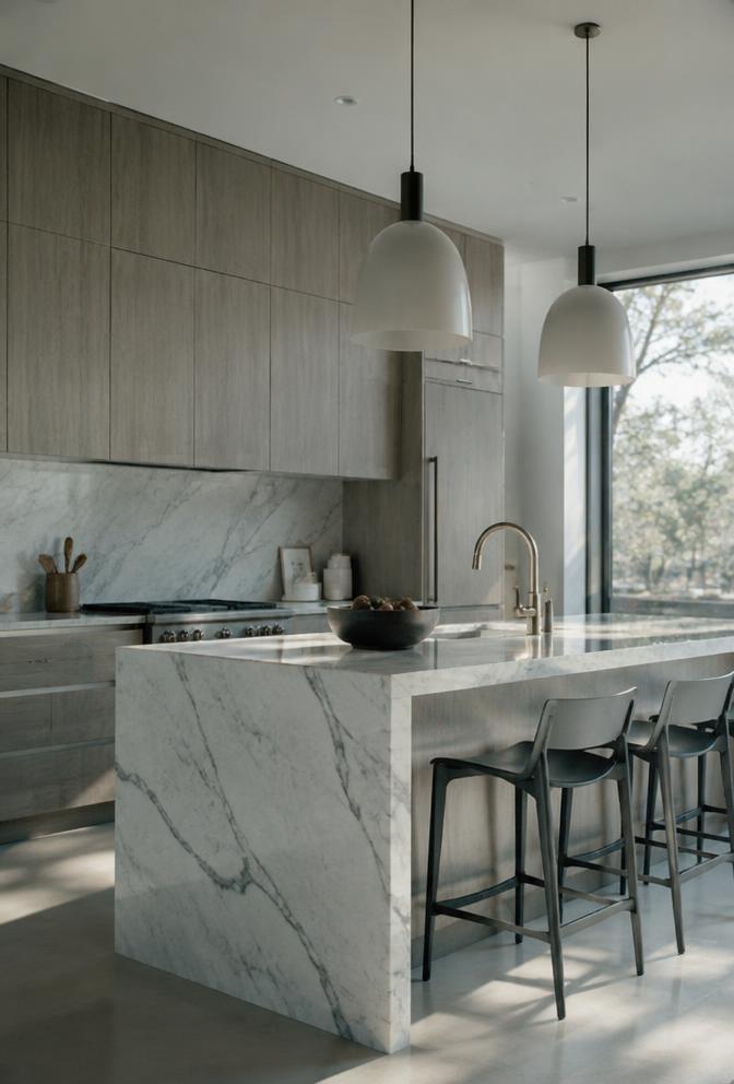 Sunlit modern kitchen with a marble island