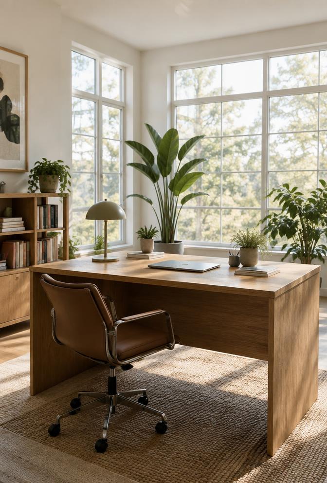 Home office with large windows, plants, and an oak desk